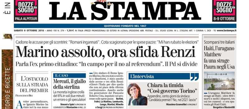Le prime pagine dei giornali sabato 8 ottobre 2016