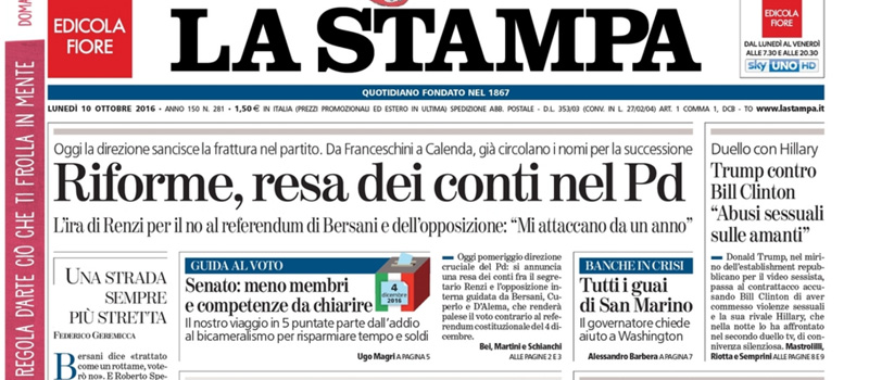 Le prime pagine dei giornali lunedì 10 ottobre 2016