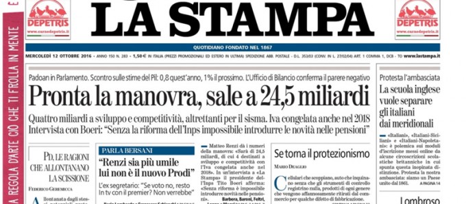 Le prime pagine dei giornali mercoledì 12 ottobre 2016