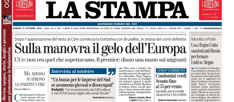 Le prime pagine dei giornali lunedì 17 ottobre 2016