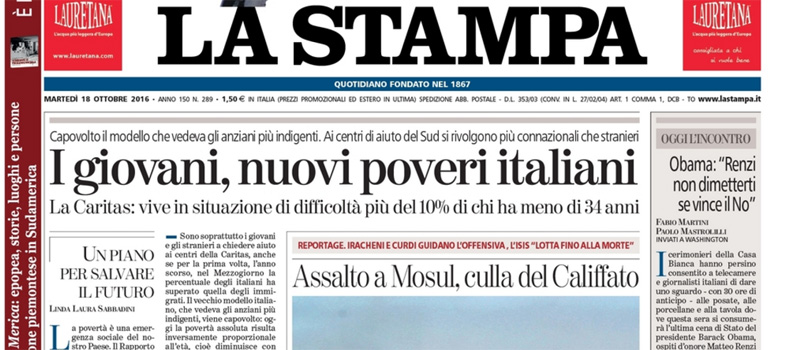 Le prime pagine dei giornali martedì 18 ottobre 2016
