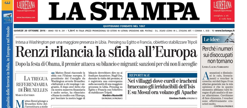 Le prime pagine dei giornali giovedì 20 ottobre 2016