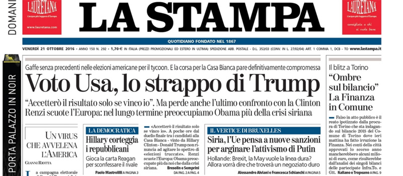 Le prime pagine dei giornali venerdì 21 ottobre 2016