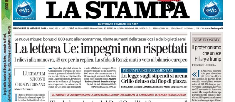 Le prime pagine dei giornali mercoledì 26 ottobre 2016