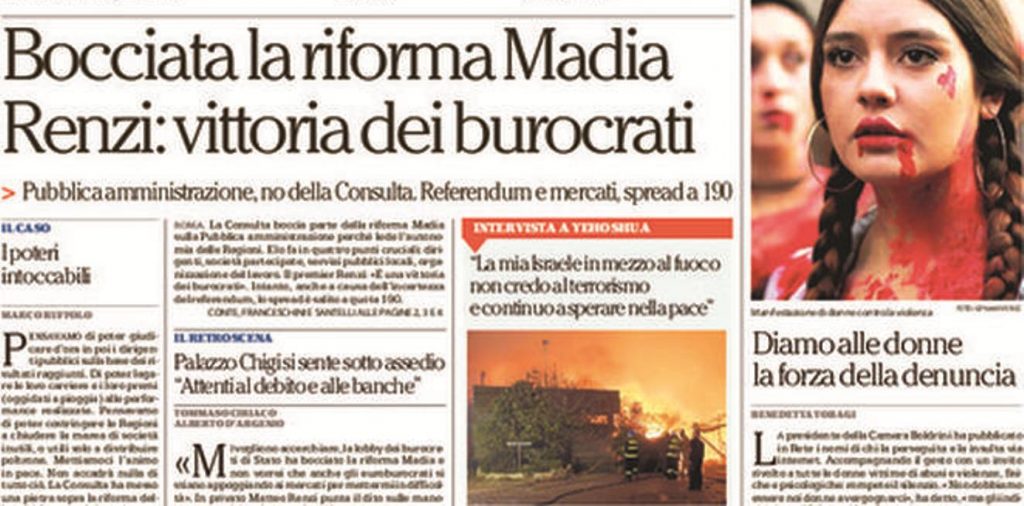 Le prime pagine dei giornali sabato 26 novembre 2016
