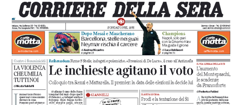 Le prime pagine dei giornali giovedì 24 novembre 2016