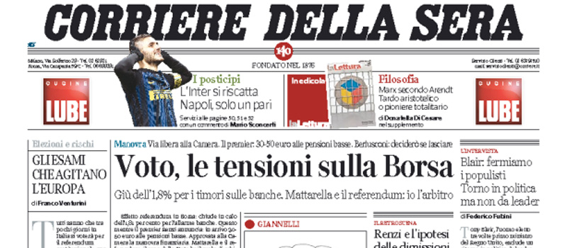 Le prime pagine dei giornali martedì 29 novembre 2016