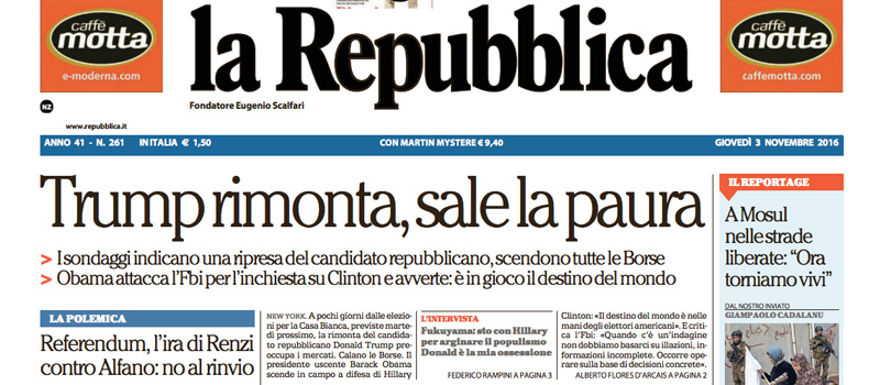 Le prime pagine dei giornali giovedì 3 novembre 2016