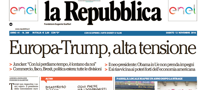 Le prime pagine dei giornali sabato 12 novembre 2016