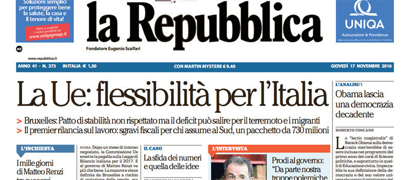 Le prime pagine dei giornali giovedì 17 novembre 2016