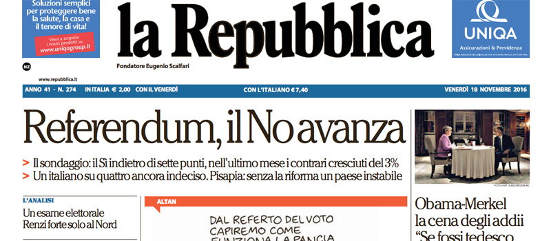 Le prime pagine dei giornali venerdì 18 novembre 2016