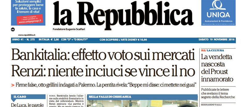 Le prime pagine dei giornali sabato 19 novembre 2016
