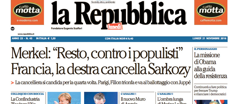 Le prime pagine dei giornali lunedì 21 novembre 2016