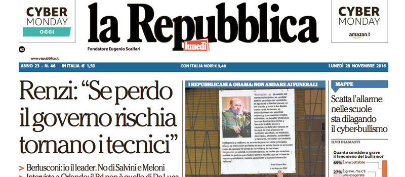 Le prime pagine dei giornali lunedì 28 novembre 2016