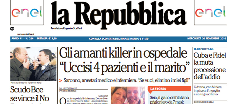 Le prime pagine dei giornali mercoledì 30 novembre 2016