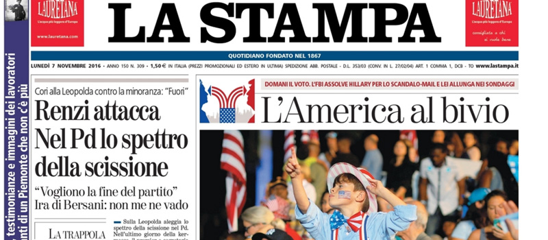 Le prime pagine dei giornali lunedì 7 novembre 2016
