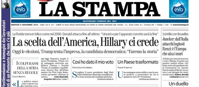 Le prime pagine dei giornali martedì 8 novembre 2016