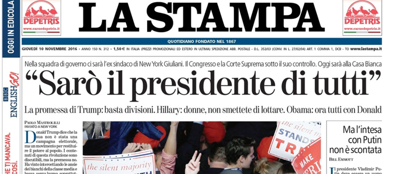 Le prime pagine dei giornali giovedì 10 novembre 2016