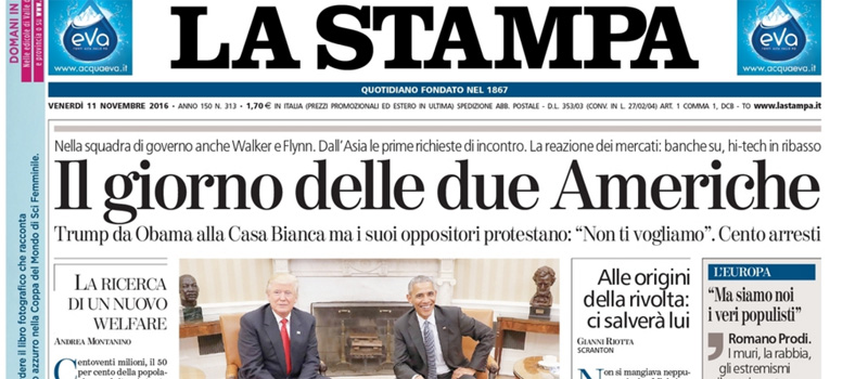 Le prime pagine dei giornali venerdì 11 novembre 2016