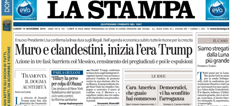 Le prime pagine dei giornali lunedì 14 novembre 2016