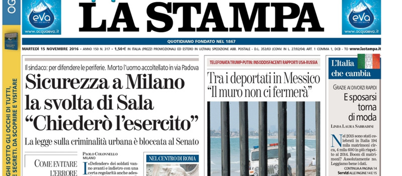 Le prime pagine dei giornali martedì 15 novembre 2016