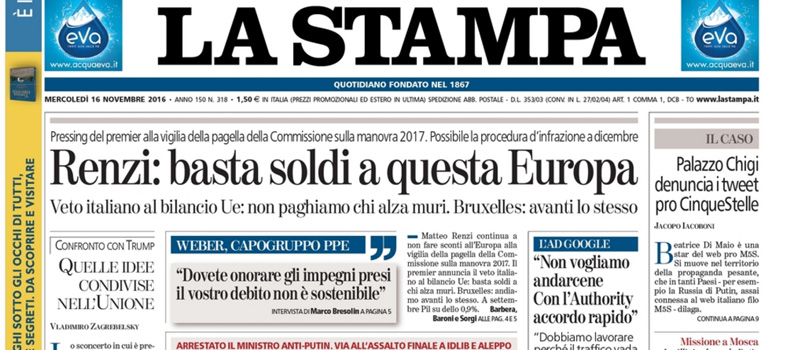 Le prime pagine dei giornali mercoledì 16 novembre 2016