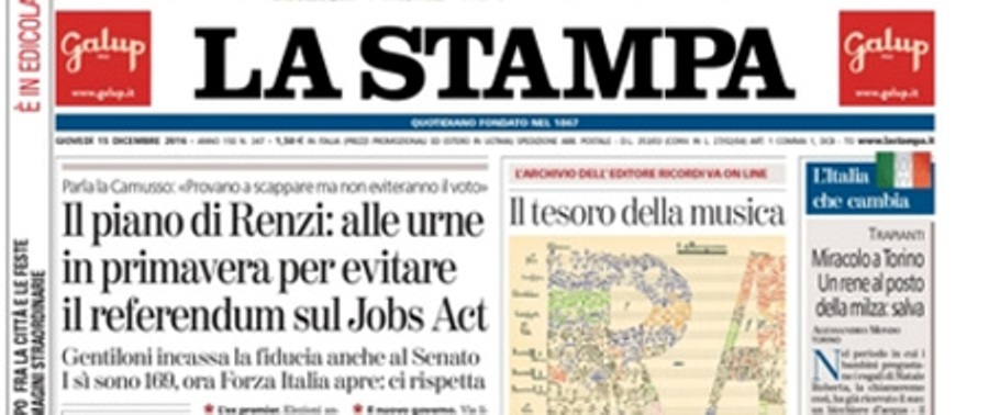 Le prime pagine dei giornali giovedì 15 dicembre 2016