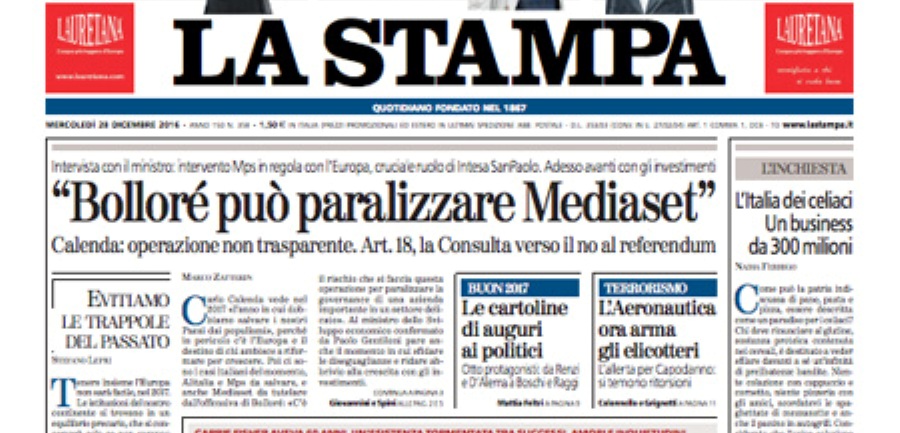 Le prime pagine dei giornali mercoledì 28 dicembre 2016