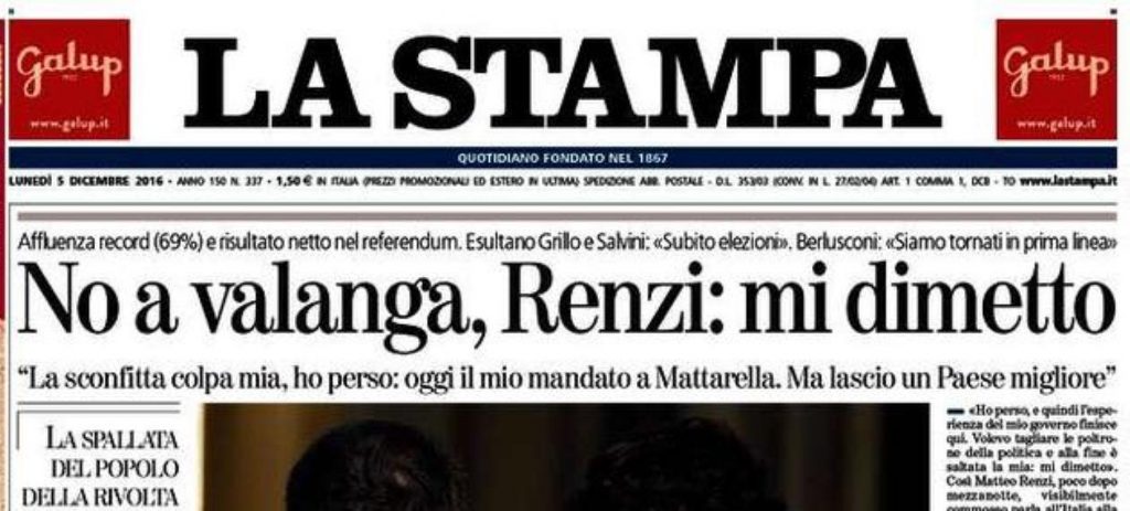 Le prime pagine dei giornali lunedì 5 dicembre 2016