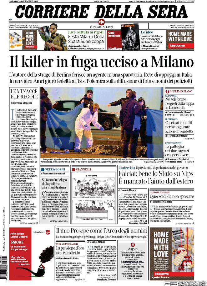 Le prime pagine dei giornali sabato 24 dicembre 2016