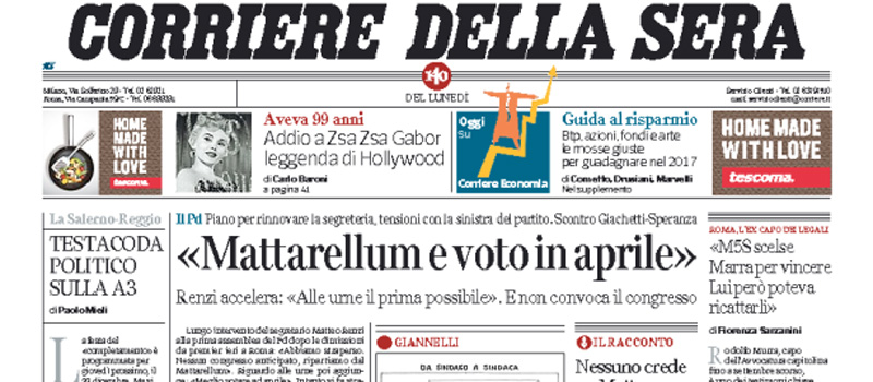 Le prime pagine dei giornali lunedì 19 dicembre 2016