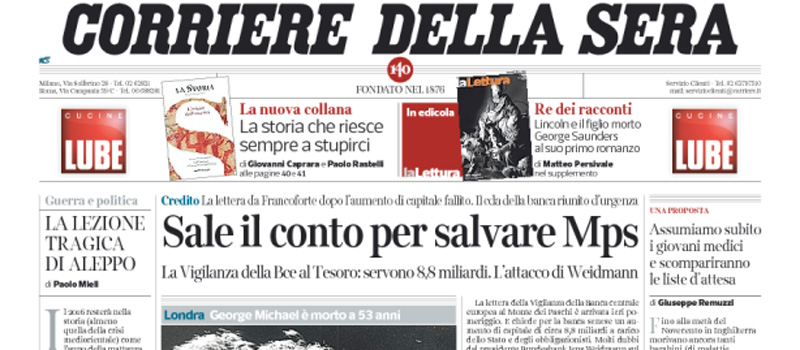 Le prime pagine dei giornali martedì 27 dicembre 2016