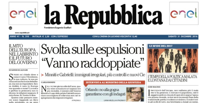 Le prime pagine dei giornali sabato 31 dicembre 2016