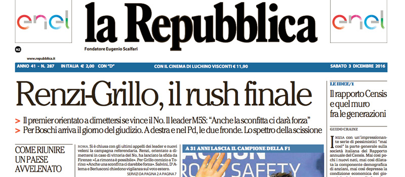 Le prime pagine dei giornali sabato 3 dicembre 2016