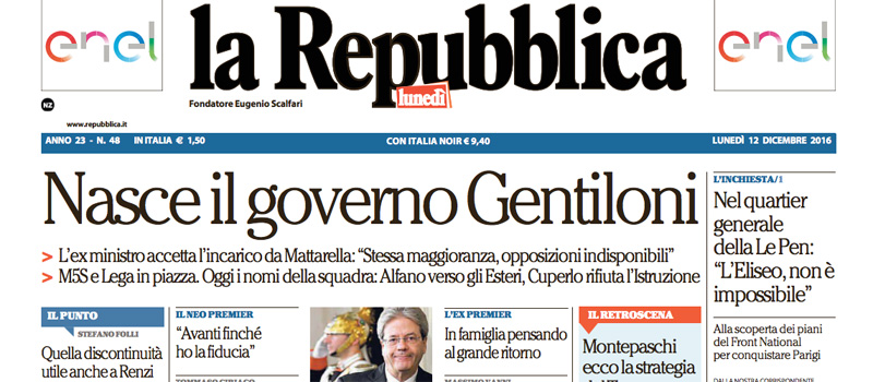 Le prime pagine dei giornali lunedì 12 dicembre 2016