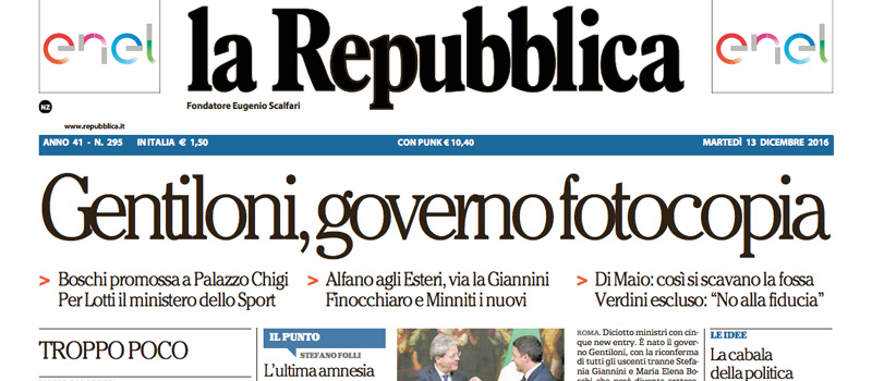 Le prime pagine dei giornali martedì 13 dicembre 2016