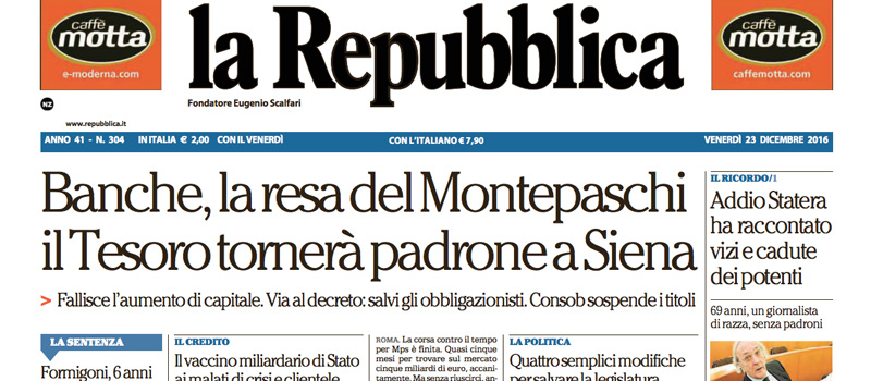 Le prime pagine dei giornali venerdì 23 dicembre 2016