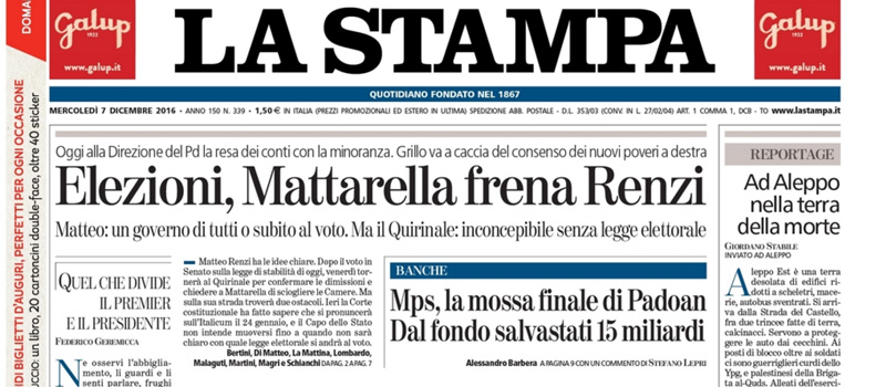 Le prime pagine dei giornali mercoledì 7 dicembre 2016