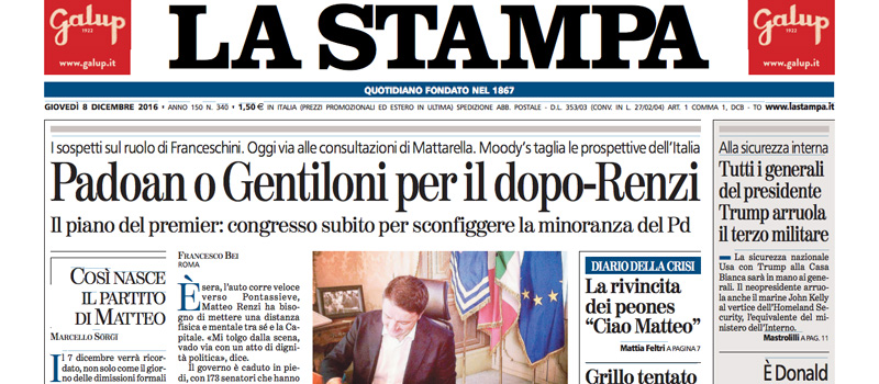 Le prime pagine dei giornali giovedì 8 dicembre 2016