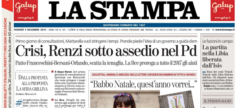 Le prime pagine dei giornali venerdì 9 dicembre 2016