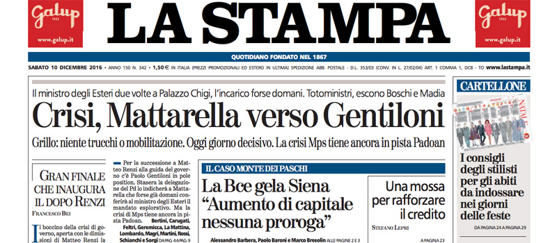 Le prime pagine dei giornali sabato 10 dicembre 2016