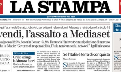 Le prime pagine dei giornali mercoledì 14 dicembre 2016
