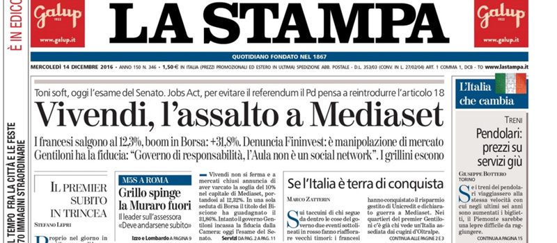 Le prime pagine dei giornali mercoledì 14 dicembre 2016