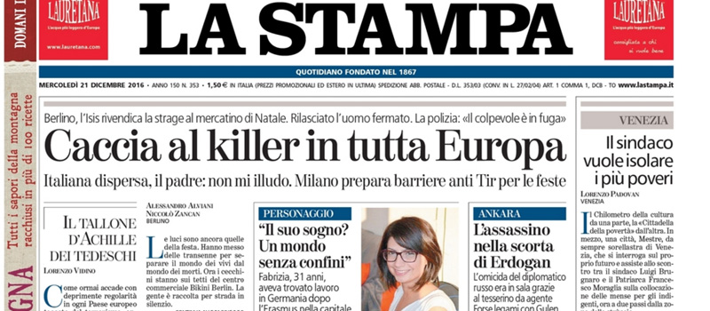 Le prime pagine dei giornali mercoledì 21 dicembre 2016