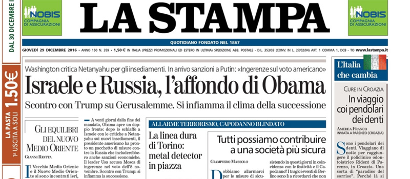 Le prime pagine dei giornali giovedì 29 dicembre 2016