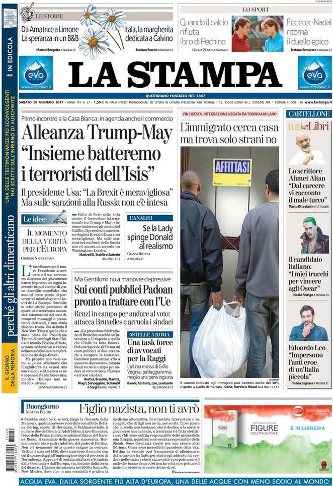 Le prime pagine dei giornali sabato 28 gennaio 2017