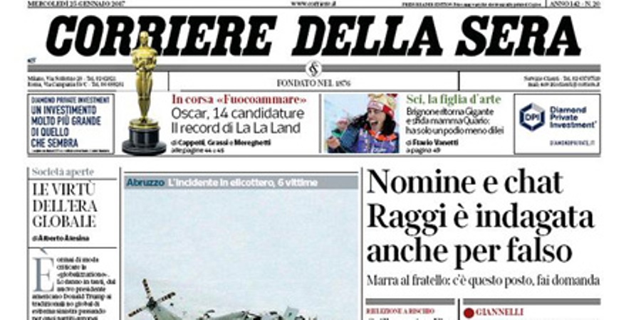 Le prime pagine dei giornali mercoledì 25 gennaio 2017