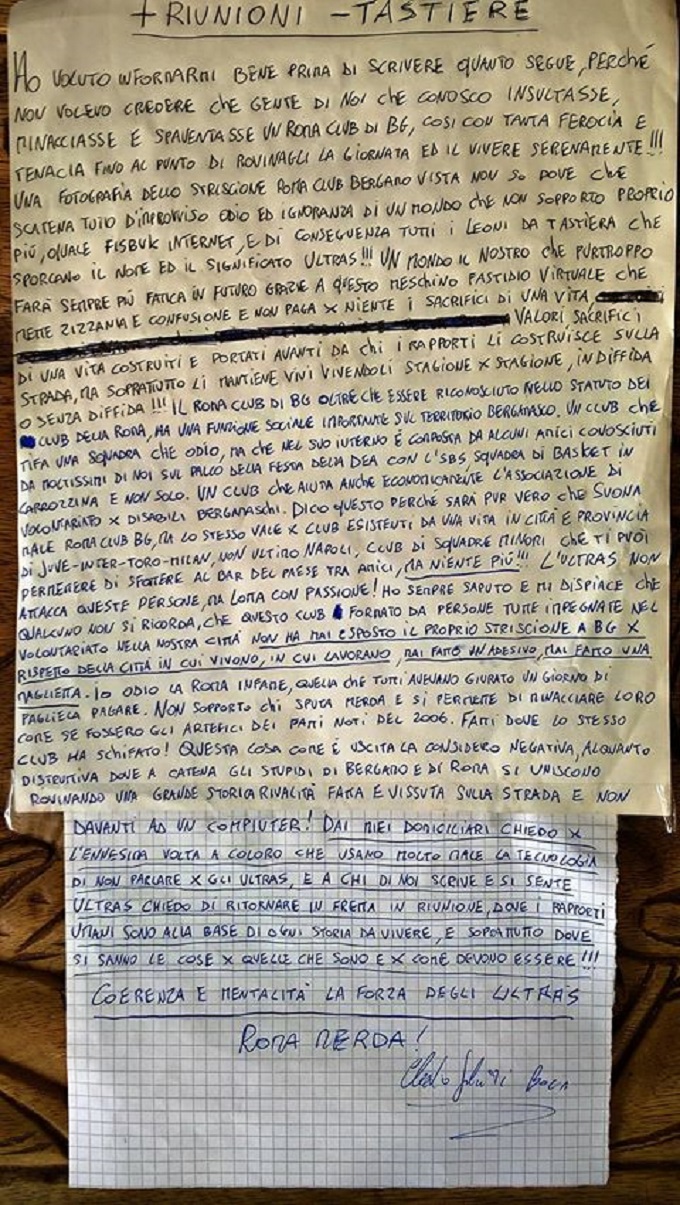 La lettera scritta a mano dal Bocia in difesa del Roma Club Bergamo