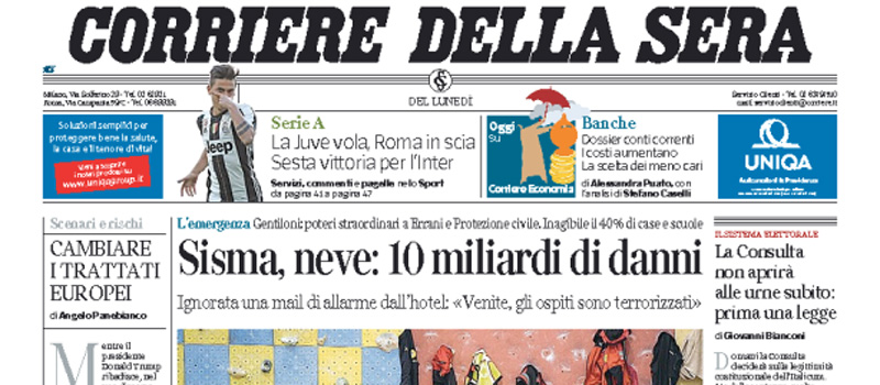 Le prime pagine dei giornali lunedì 23 gennaio 2017