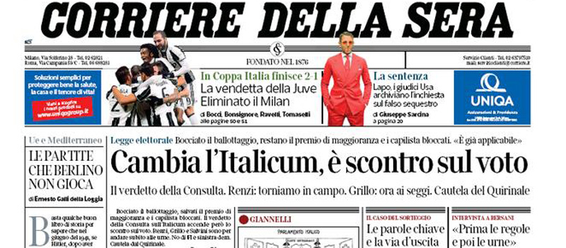 Le prime pagine dei giornali giovedì 26 gennaio 2017